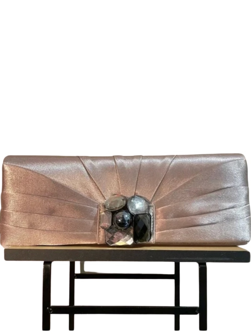 Melanie Lyne Champagne Taupe Satin Clutch Jewel Accents – 11" Length EUC